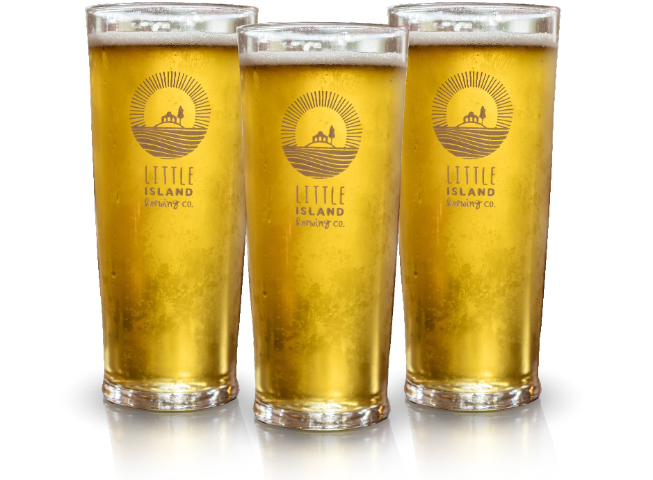 Three glasses of beer with the logo of Little Island, a brewery based in Perth.