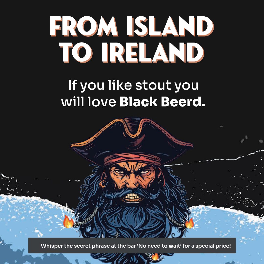 Black Beerd craft stout beer special at The Island microbrewery in Perth, featuring pirate artwork and tagline “From Island to Ireland”.